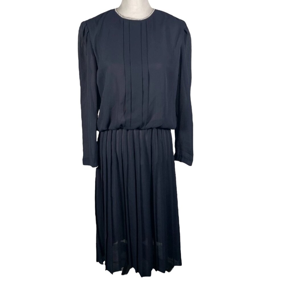 Vintage V.L.P Black Crew Neck Pleated Chiffon Long Sleeve Midi Sheath Dress PS
